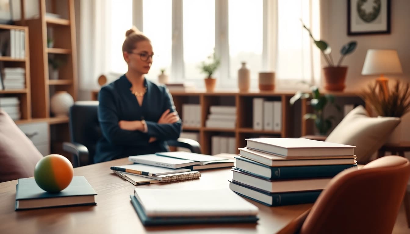 Engaging mental health tips presented in a calming office environment with supportive resources.