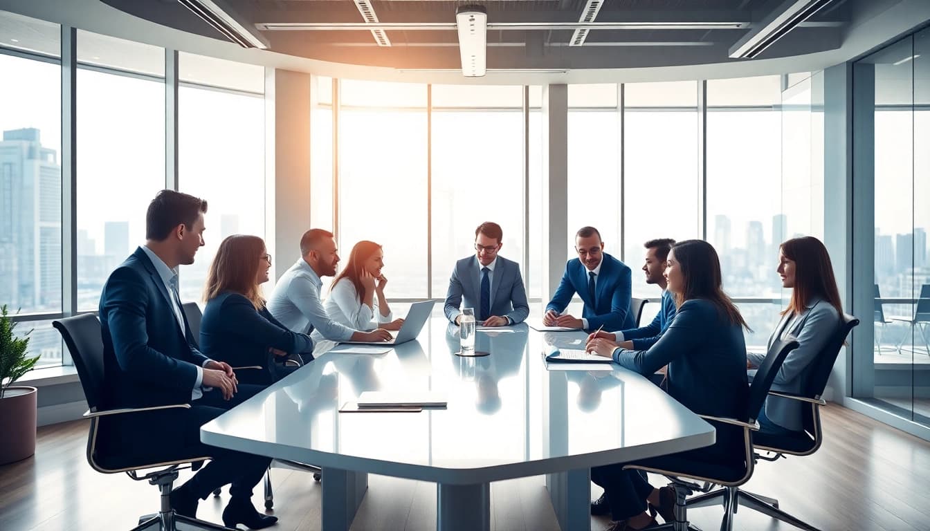 Quickplus Business Consultants collaborating in a modern office setting with skyscraper views.