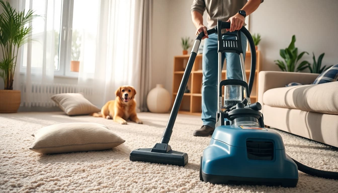 Efficient pet odor carpet cleaning demonstrated by a professional in a cozy living room.