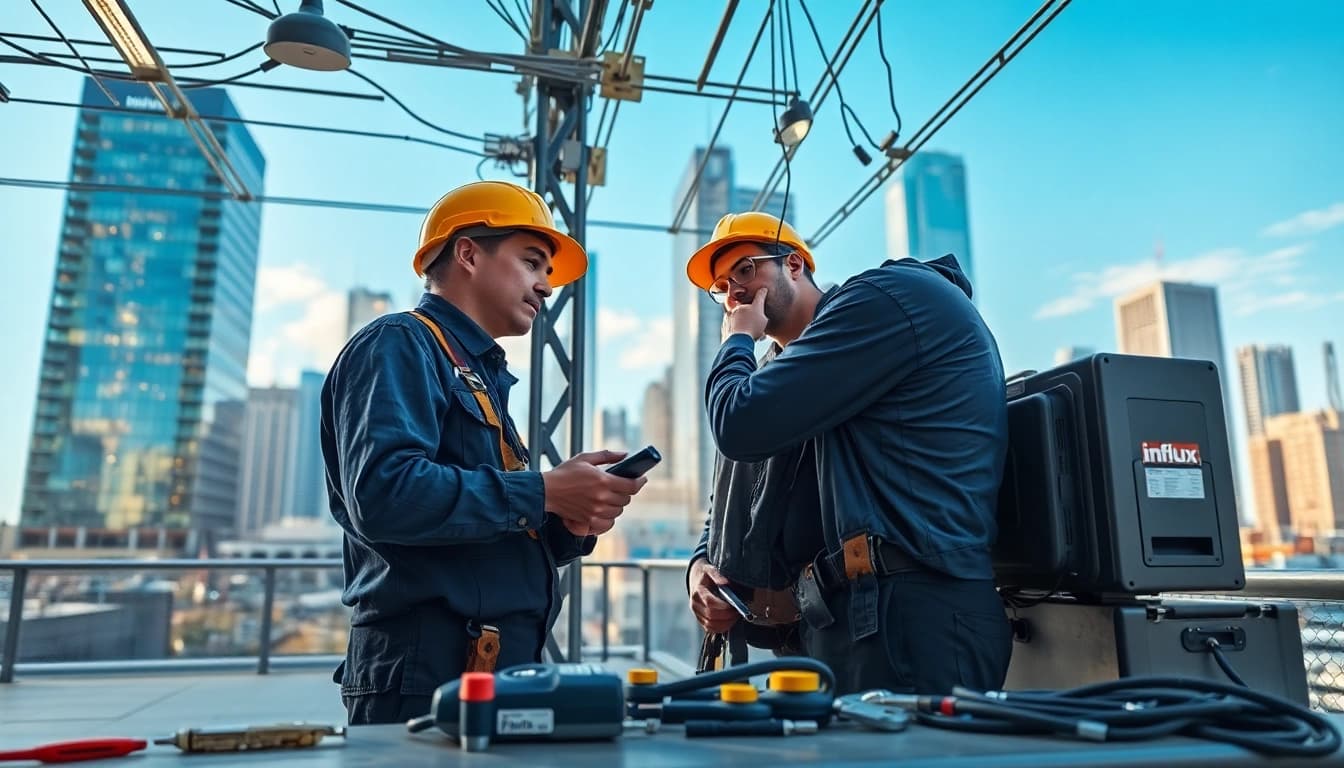 Technicians from Influx Electric installing modern lighting in an urban setting.