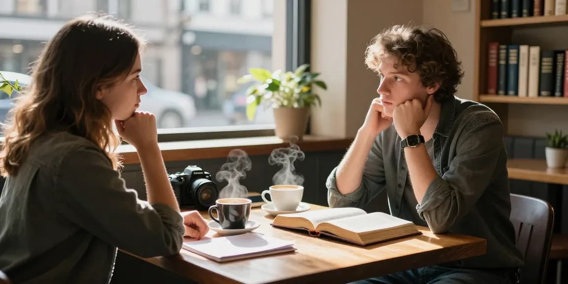 Two friends discussing Richard French's Revelation commentary over coffee.