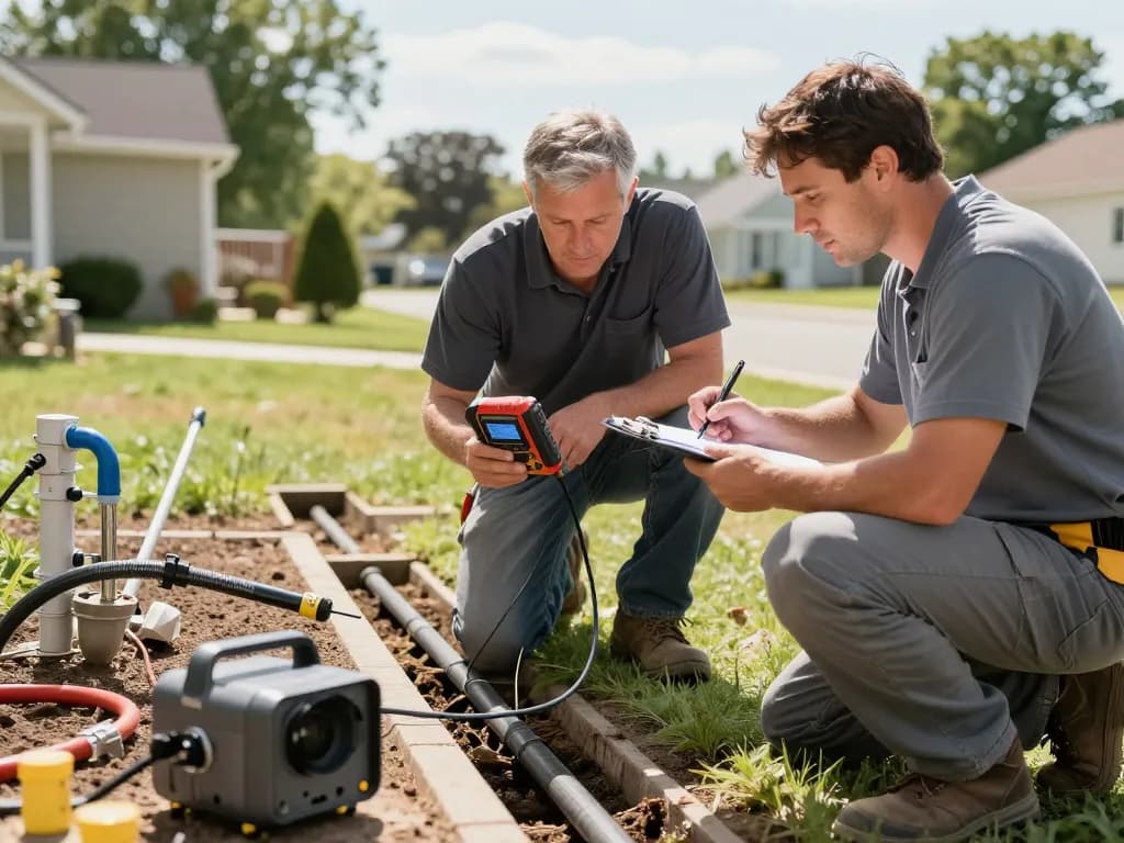 Sewer line repair Rapid City with professional plumbers inspecting a residential sewer line using diagnostic tools.