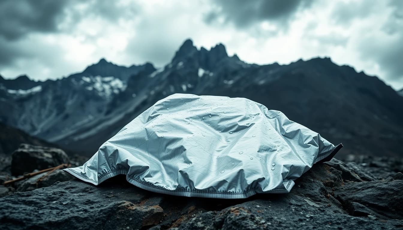Emergency blanket set against a mountainous backdrop showcasing survival readiness in uncertain weather.
