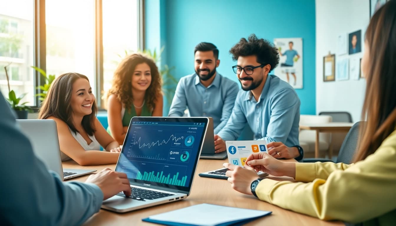 Espacio profesional vibrante de una agencia de marketing digital en Guadalajara que muestra trabajo en equipo e innovación.