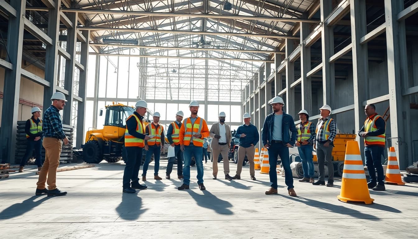 New Jersey Commercial General Contractor supervising a vibrant construction site with diverse teams and modern equipment.