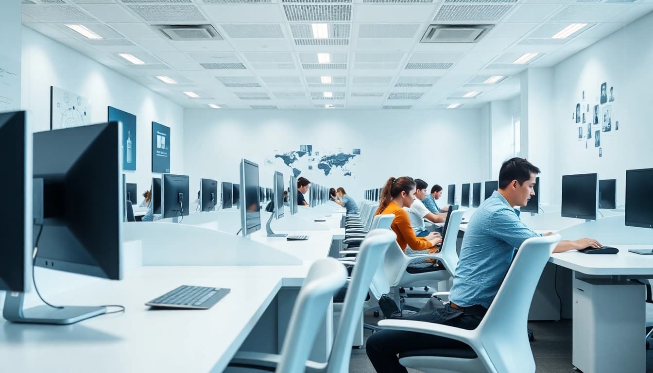 Engaged professionals in a Typing Center showcasing productivity and modern workspaces.