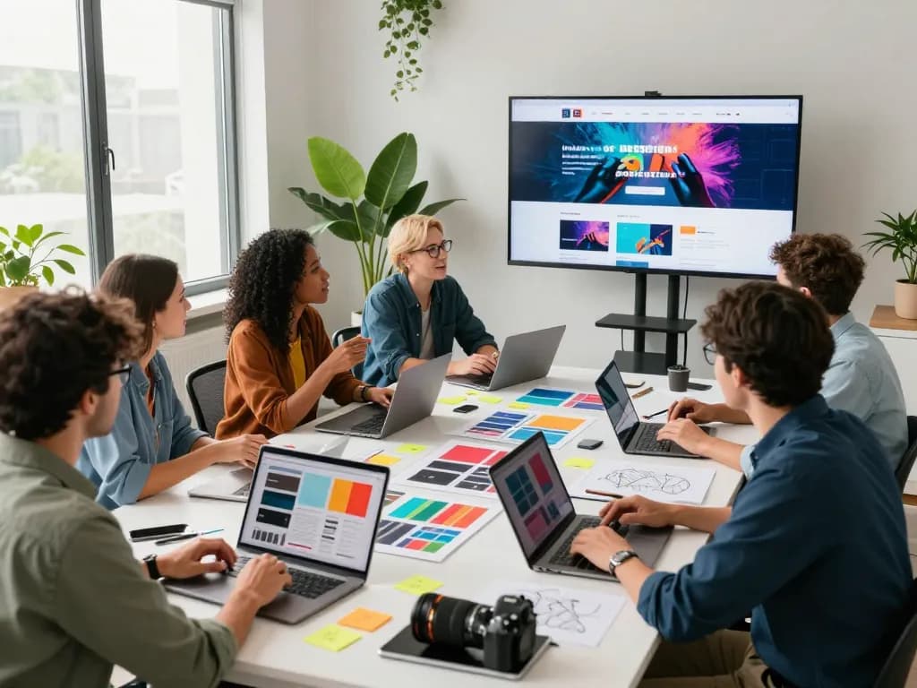 Creative team brainstorming in a web design agency, showcasing dynamic collaboration and modern workspace.