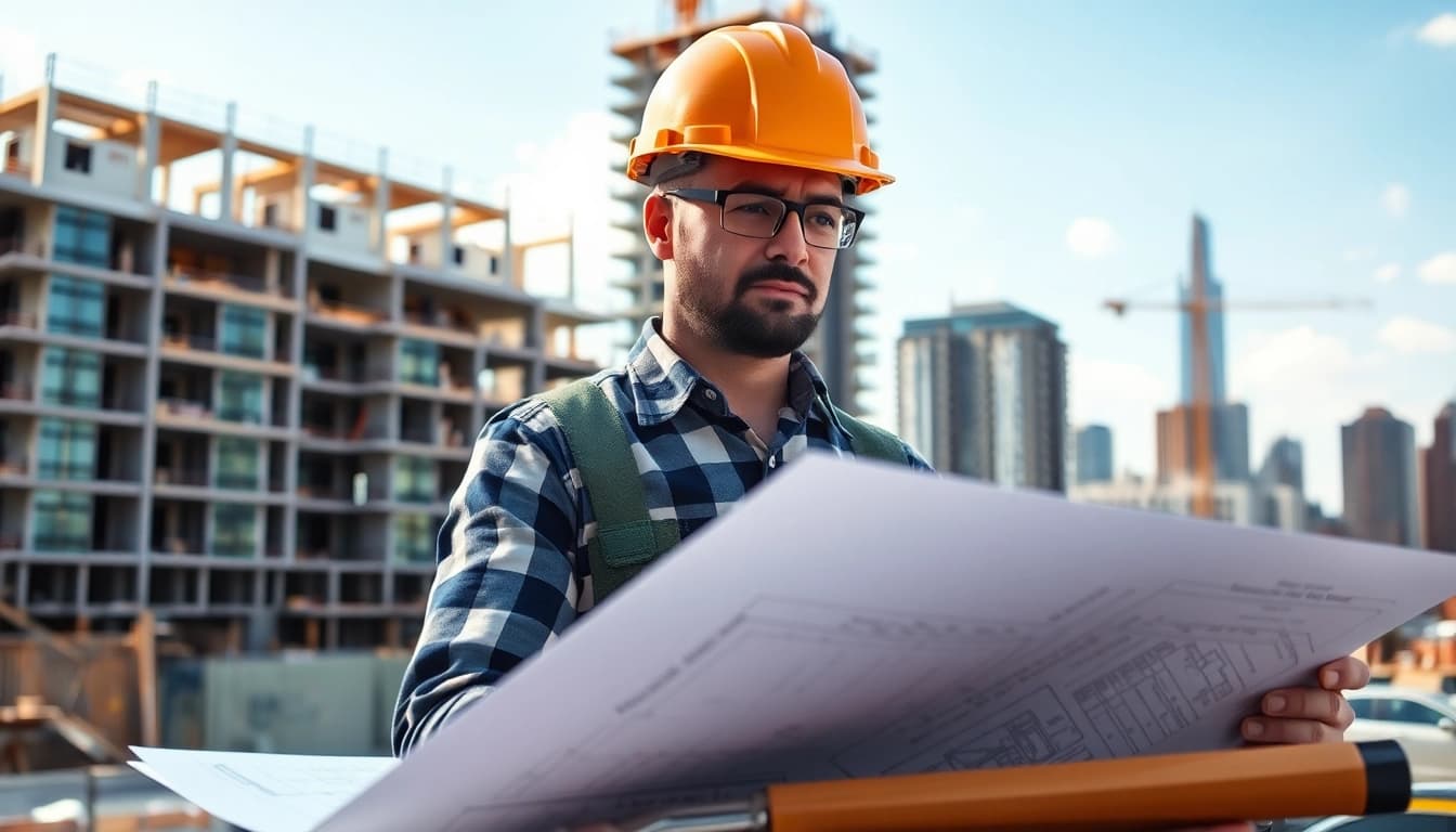 New Jersey General Contractor supervising a renovation project at a bustling construction site.