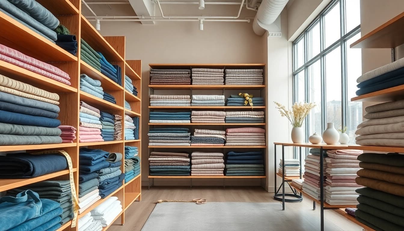 Bekijk stoffen winkel online met verschillende stoffen in een sfeervolle ambiance.
