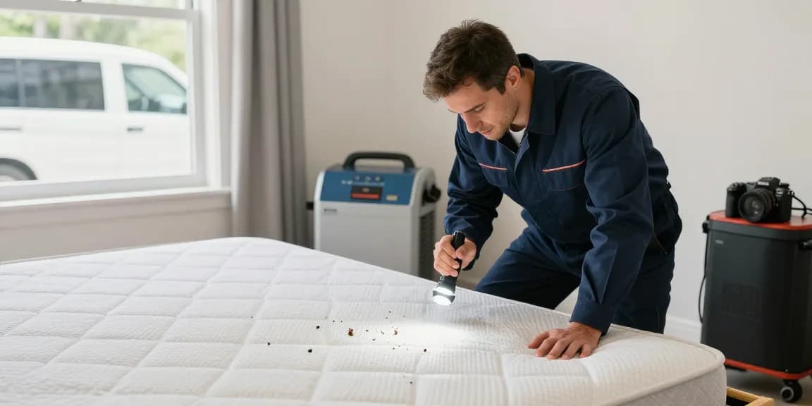 Professional inspecting for bed bugs during bed bug treatment in a bright, clean bedroom.