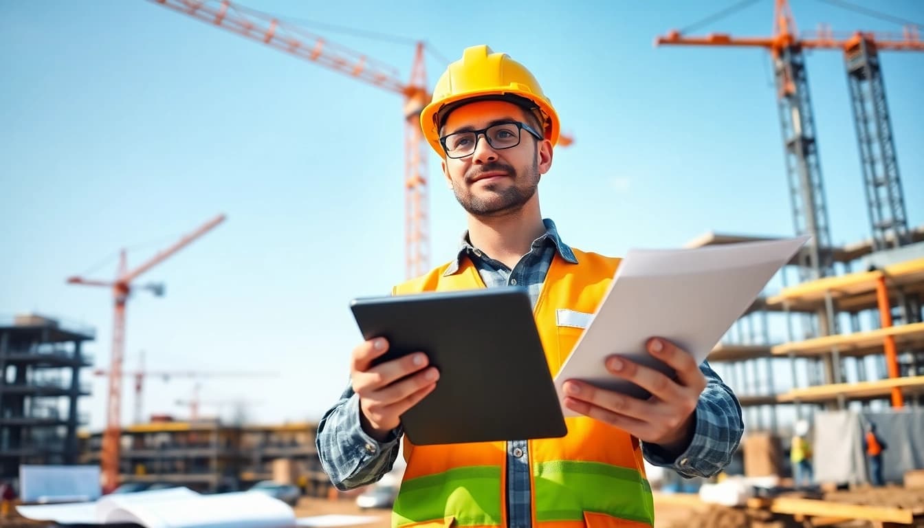 New York General Contractor leads an active construction site with blueprints and tools.