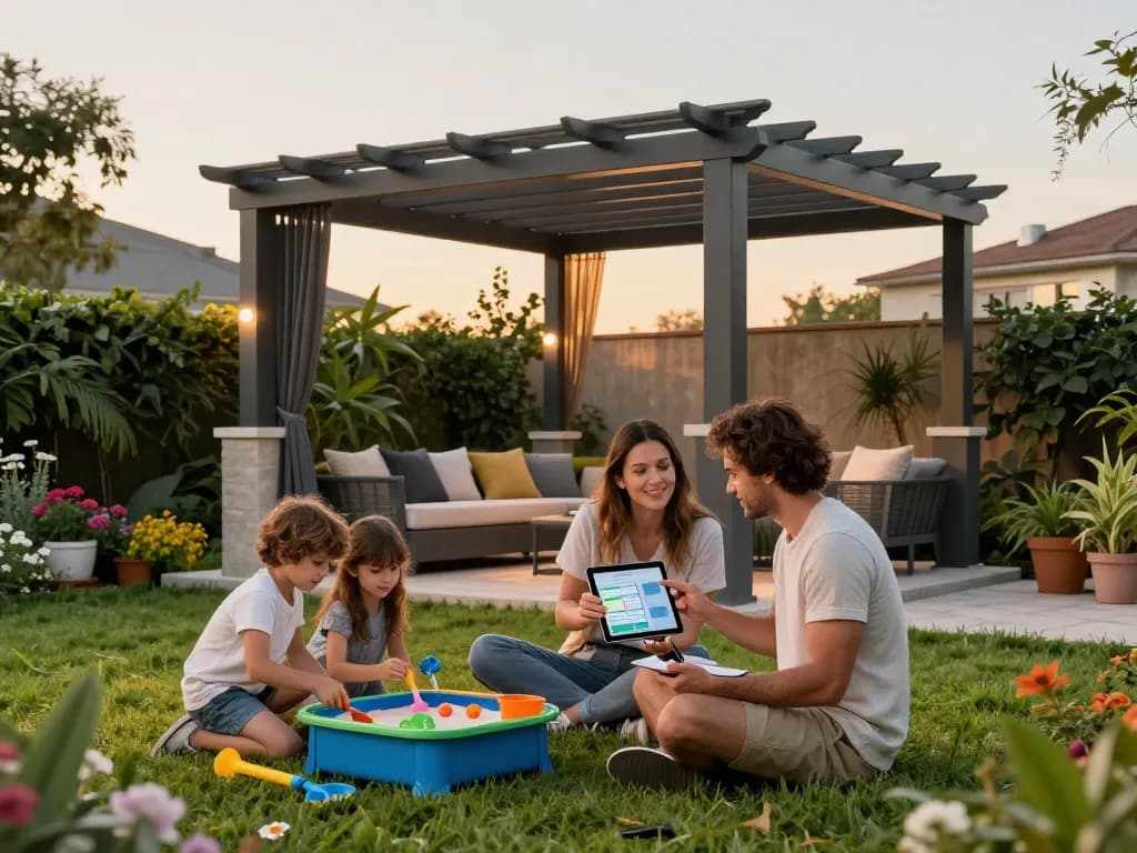 Custom pergola configurator scene with a family joyfully designing their backyard pergola together.