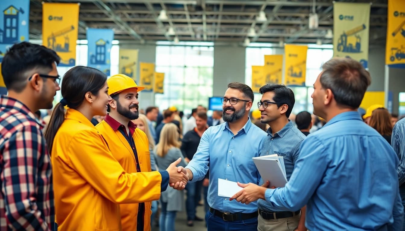 Engaged professionals at construction networking events shaking hands and collaborating in a vibrant conference setting.