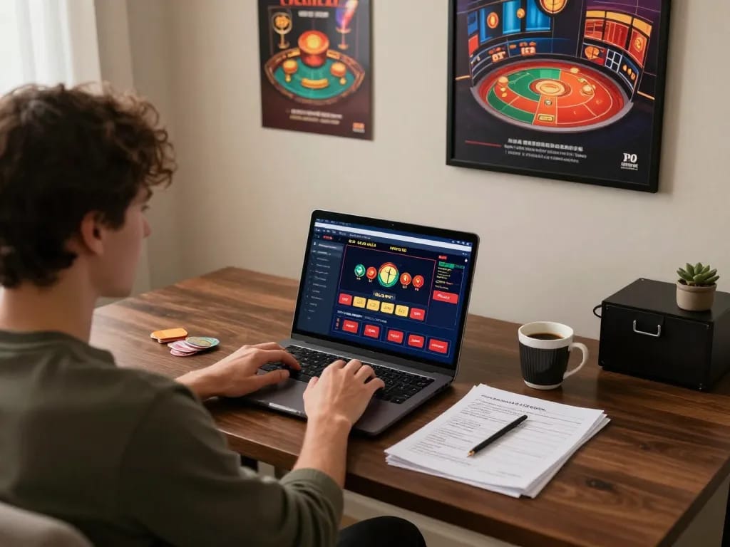 Player engaging with MAX79 casino on laptop, highlighting comfortable online gaming atmosphere