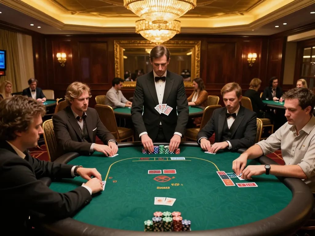 Main poker lapak303 game in a luxury casino with players engaged at green felt tables, capturing the excitement of strategic gameplay