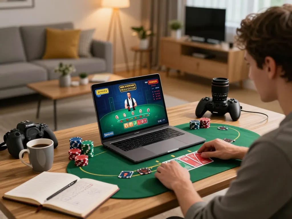 Engaging in online blackjack with 88xeng on a laptop, showcasing strategic gameplay and home comfort.