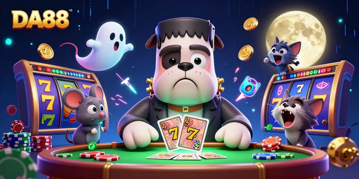 DA88 reveals thrilling card gameplay at a spooky casino table with vibrant slot elements.
