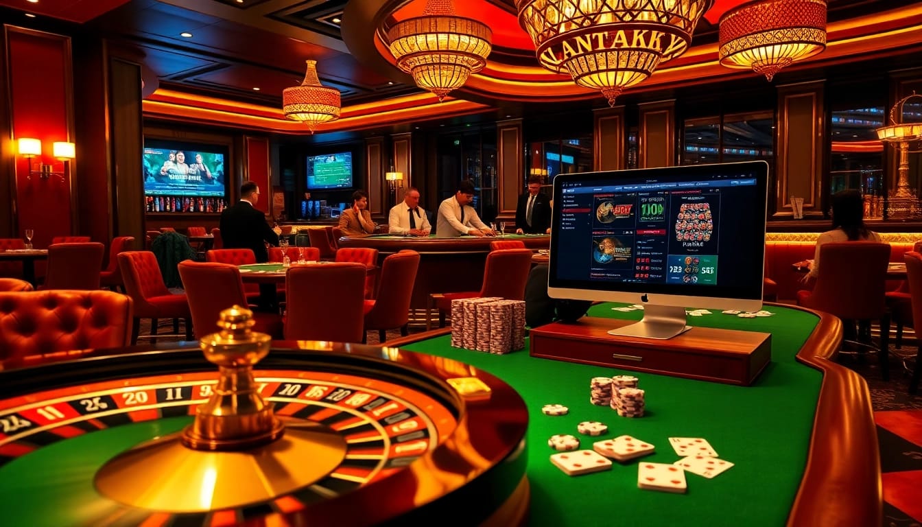 Experience rr88 đăng nhập with excitement at a luxurious casino featuring roulette, poker, and engaging players.