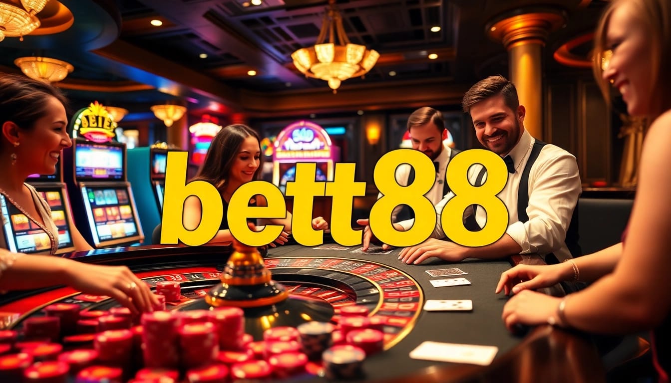 Experience the excitement of Bet88 with players at a vibrant casino table and dazzling gaming machines.