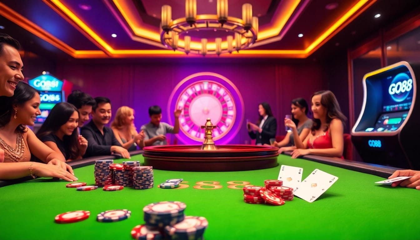 GO88 gaming table scene with players, colorful chips, and roulette wheel in a luxurious casino setting.
