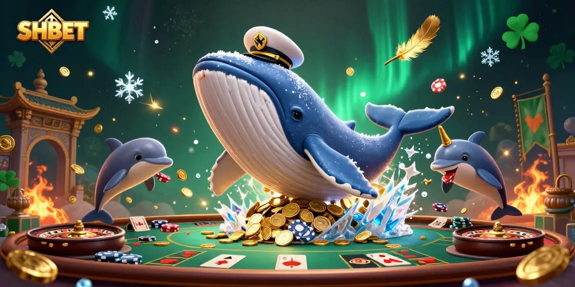 Engaging online casino scene with SHBET featuring a giant whale and playful dolphins in poker action.