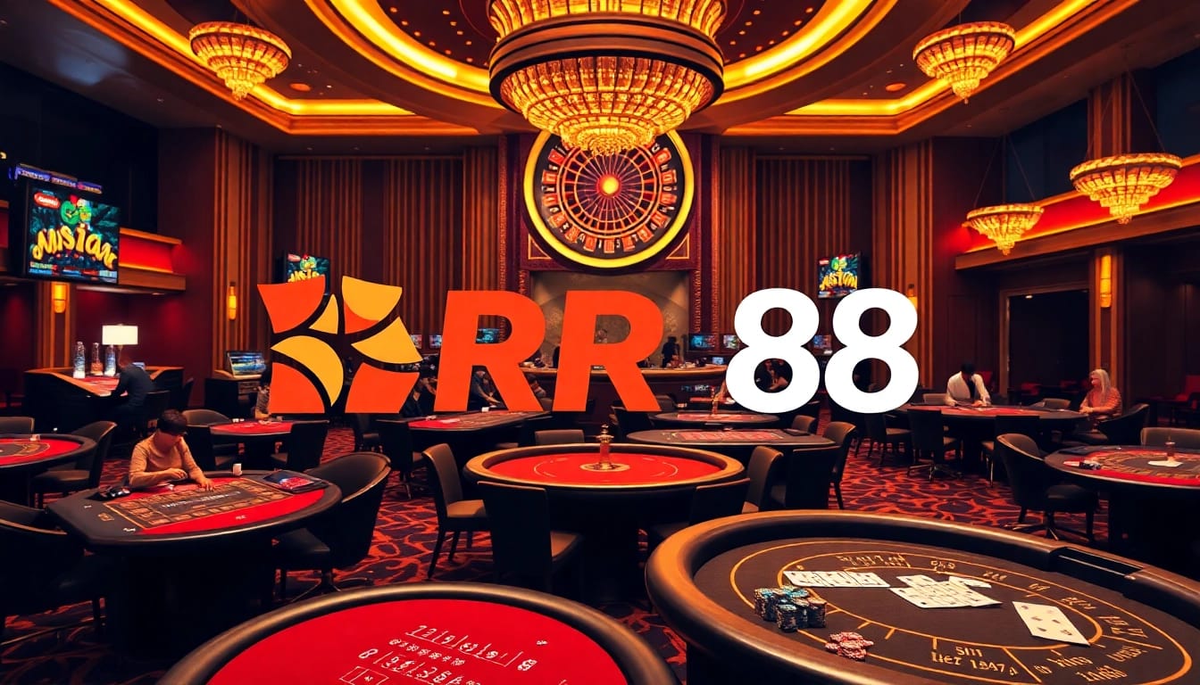 Players enjoying various games at RR88 casino, highlighted by vibrant poker chips and a roulette wheel.