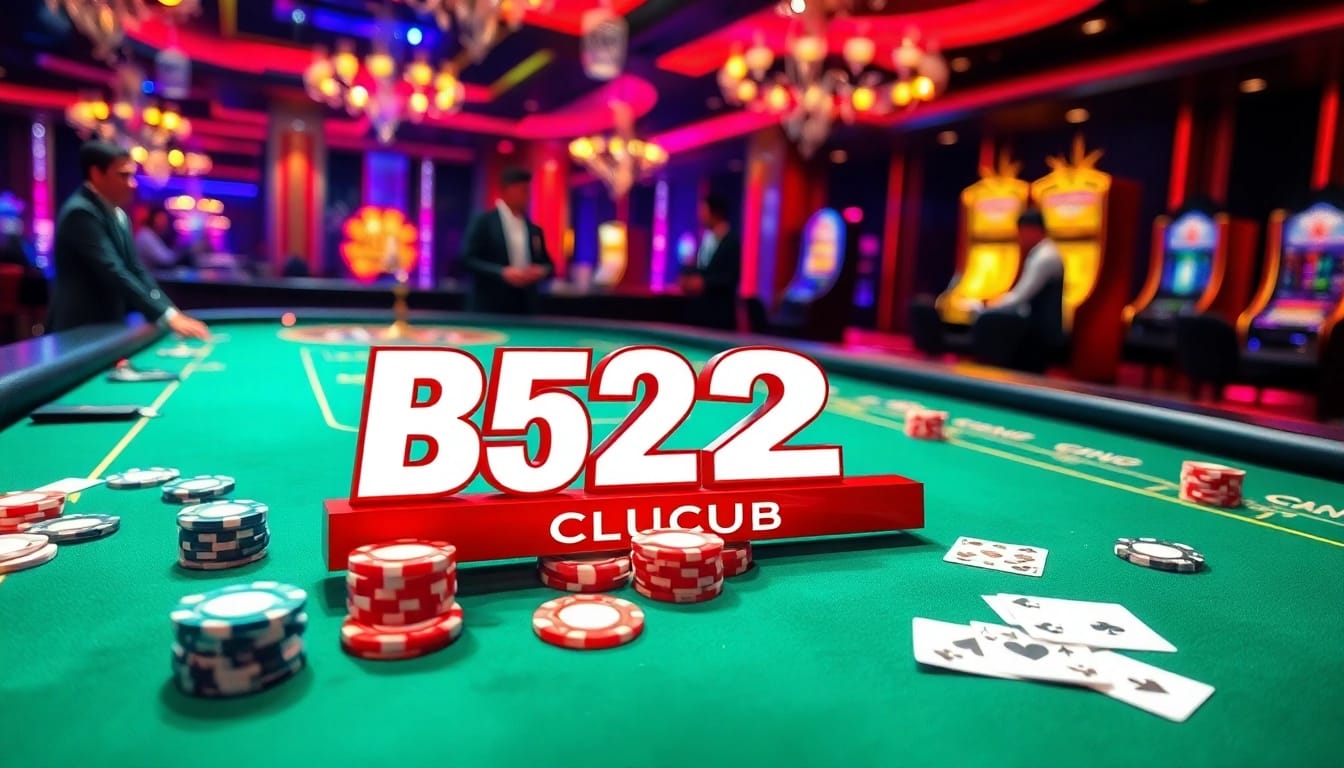 B52 CLUB logo prominently on a luxurious poker table with dealers and vibrant casino atmosphere.