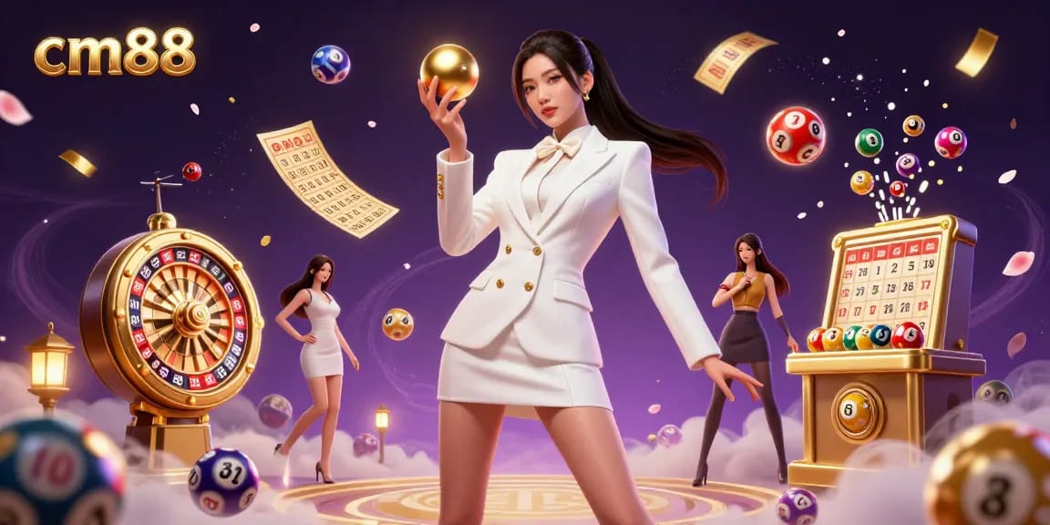 Experience the excitement at cm88 with a glamorous Asian woman holding a golden roulette ball, surrounded by vibrant lottery elements.