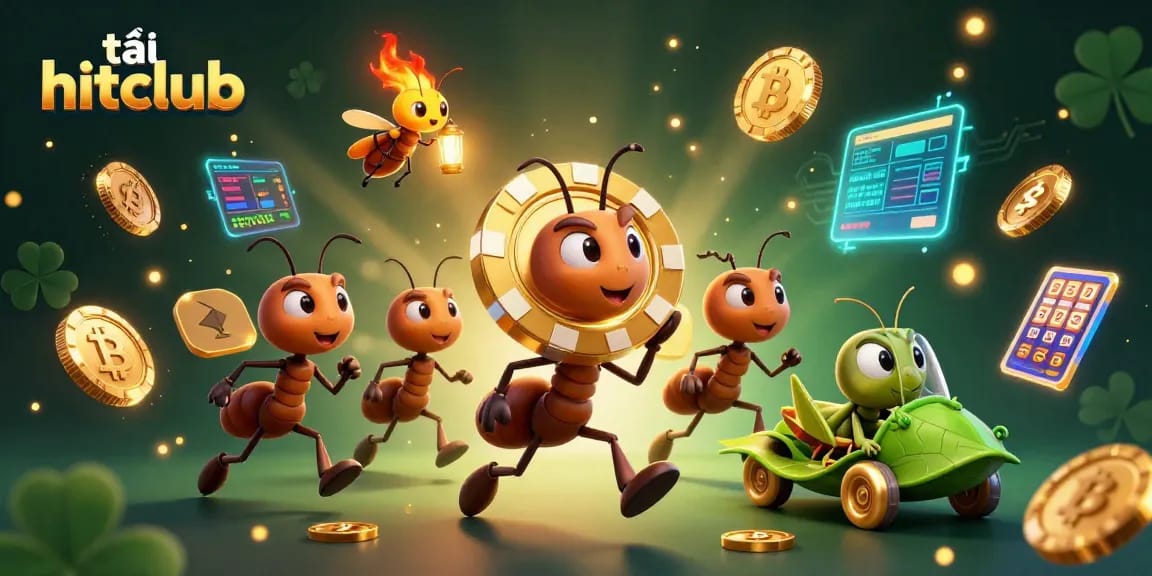 Tải hitclub as ants steal a massive poker chip amid glowing crypto coins and vibrant gaming elements.