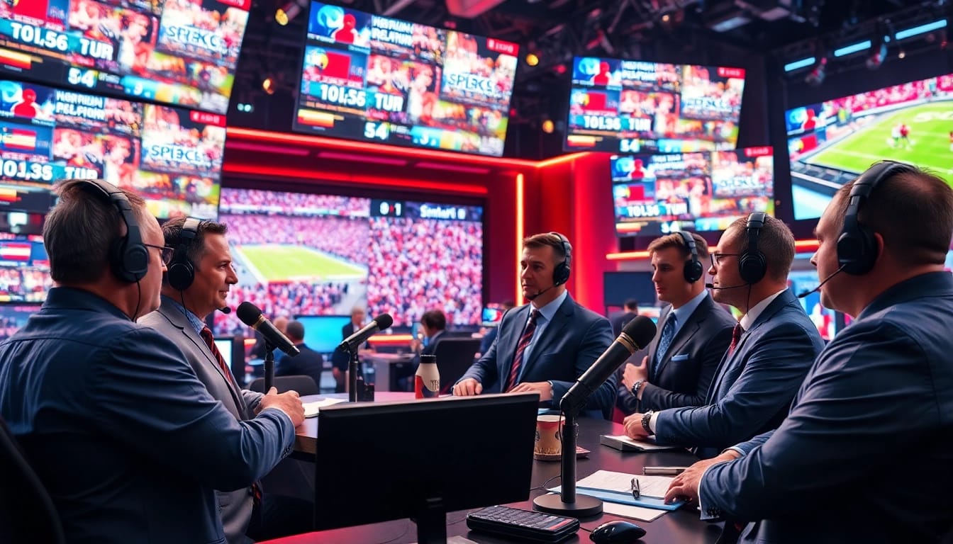 Captivating scene of Sports Broadcasting professionals engaging in a dynamic studio setting.