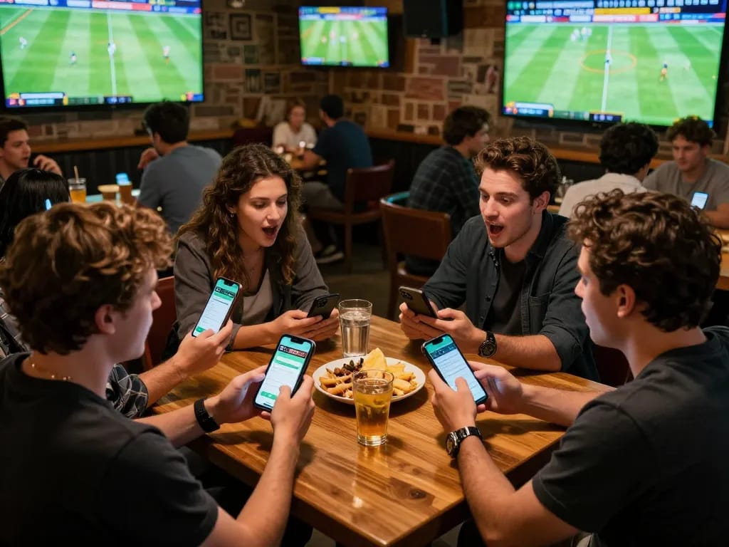 Engaged friends enjoying sports betting through 90phut app in lively sports bar setting.