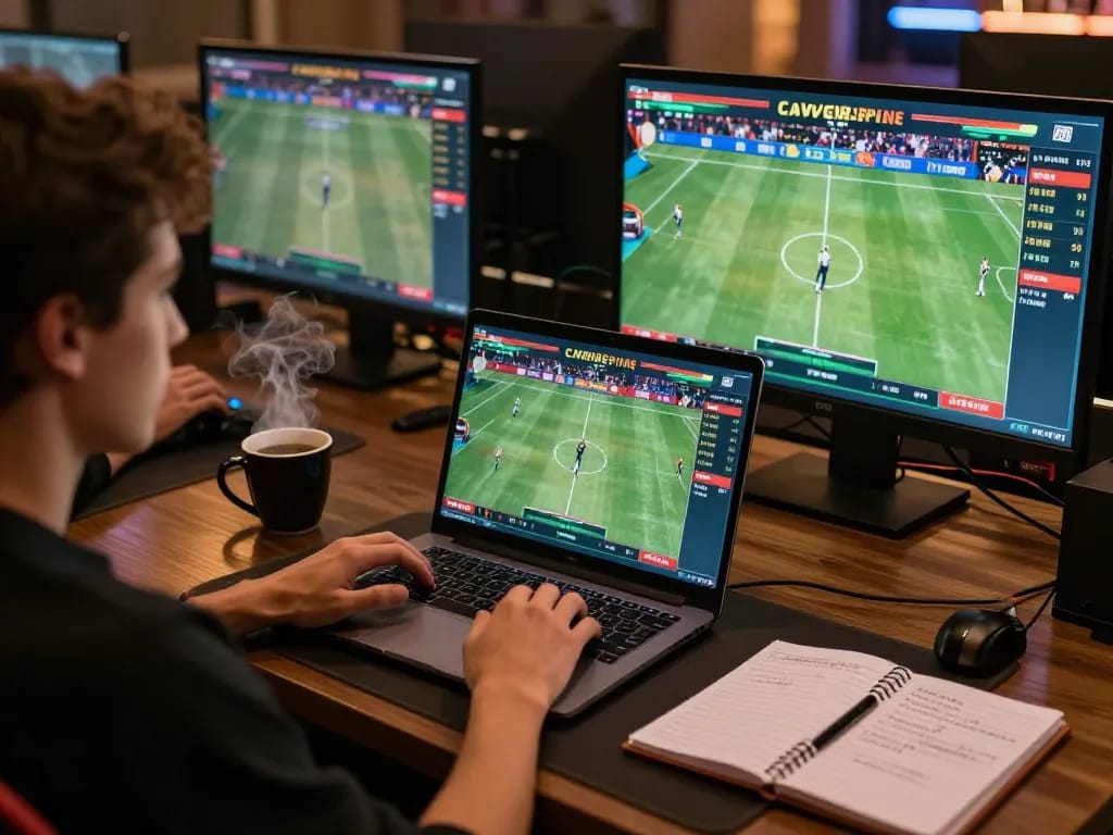 Placing bets online at https://gg88.cool/ with a laptop showing live sports events and strategies