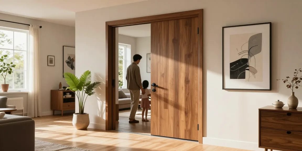 Stylish single leaf swing door enhances a modern home interior design.