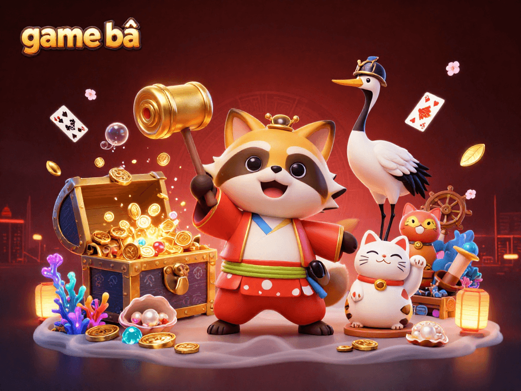 Engage with thrilling game bài action featuring a cheerful tanuki and maneki-neko amidst vibrant casino elements.
