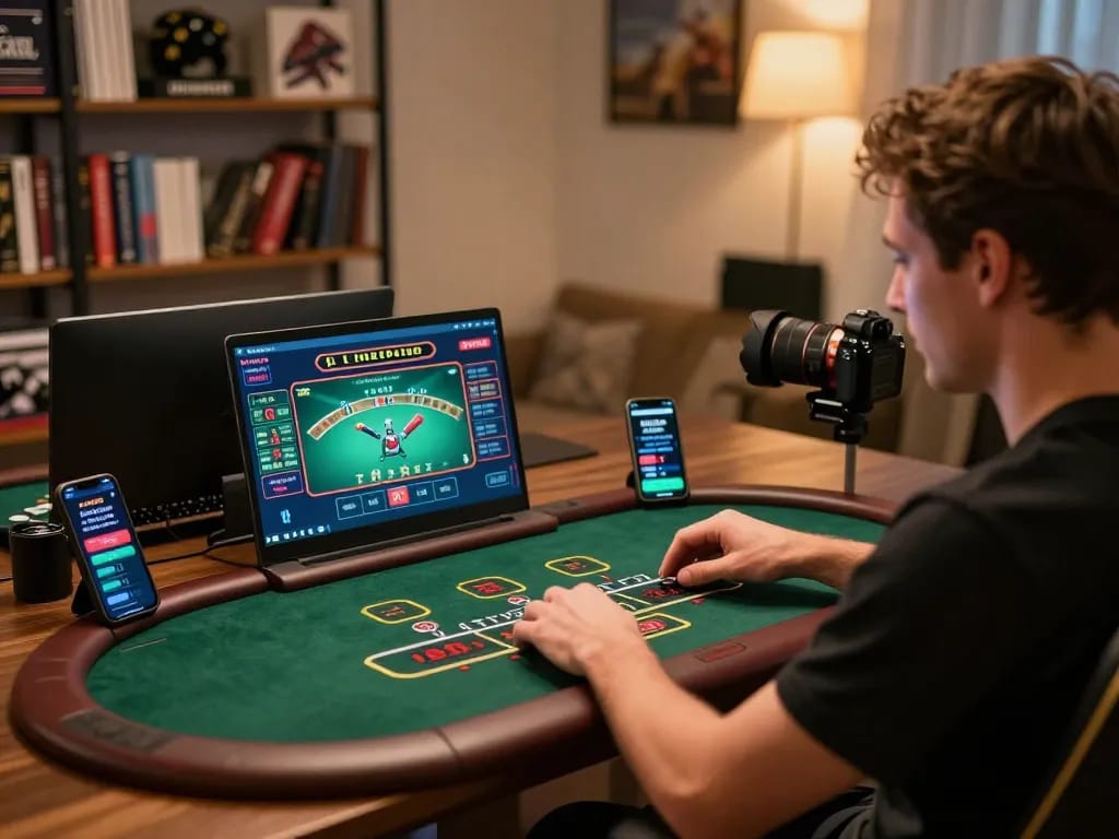 Player engaging in online gambling at Nhà cái FC88, showcasing a live dealer game on laptop with smartphone in view