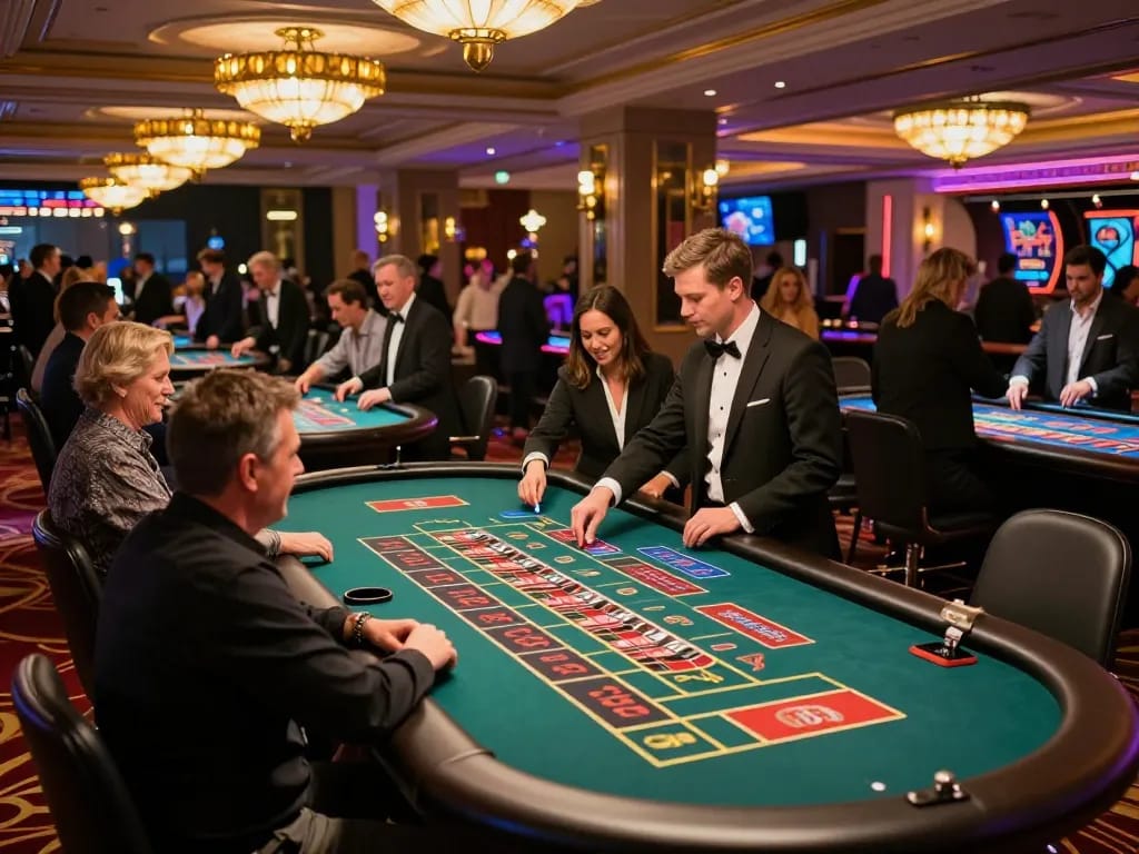 Players placing bets at red888 roulette tables in a vibrant casino atmosphere.