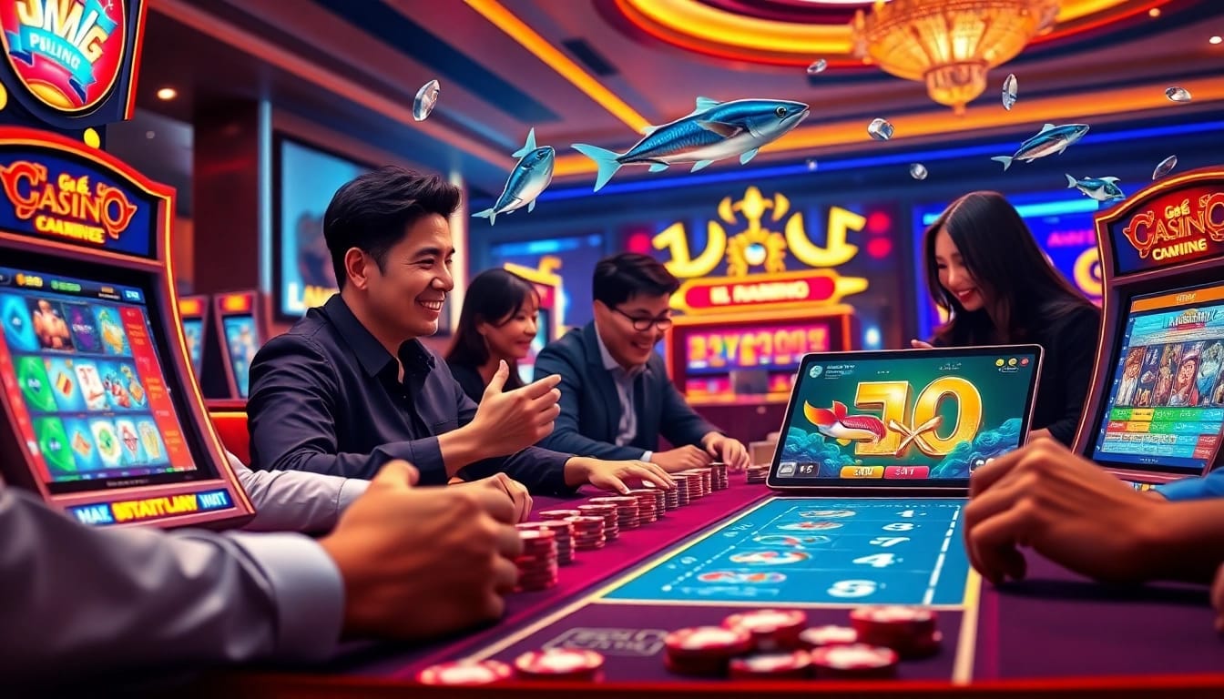 Bắn cá đổi thưởng players celebrating victories at an online casino with vibrant gaming visuals.