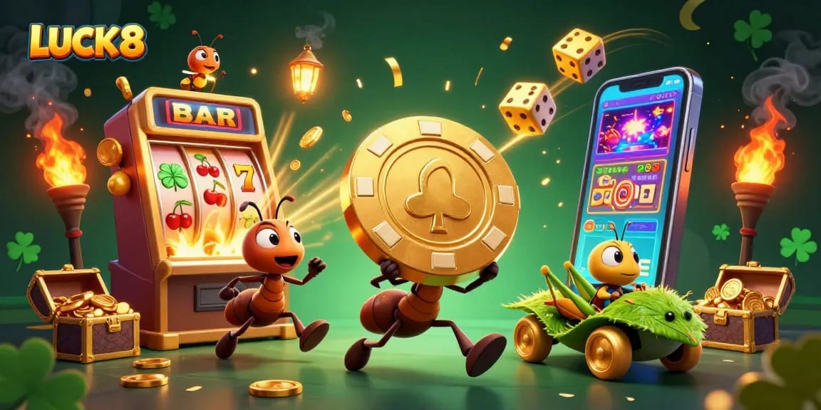 Engage with LUCK8's vibrant casino scene featuring a heist of ants and jackpot excitement.