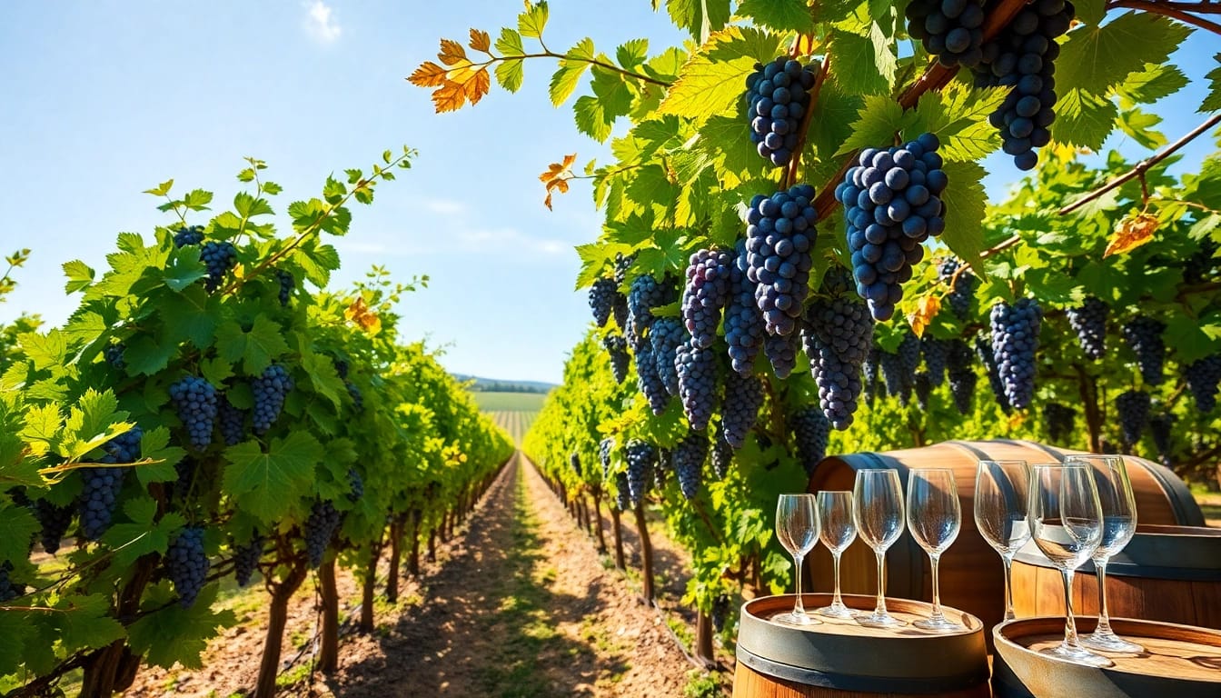 Indulge in Clarksburg wines with vibrant grapes in a lush vineyard setting.