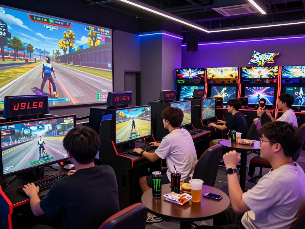 33win gaming experience with competitive players in a vibrant arcade atmosphere