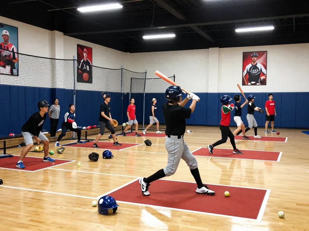Youth athletes training at Hitclub sports facility, focusing on baseball practice in dynamic indoor setting.
