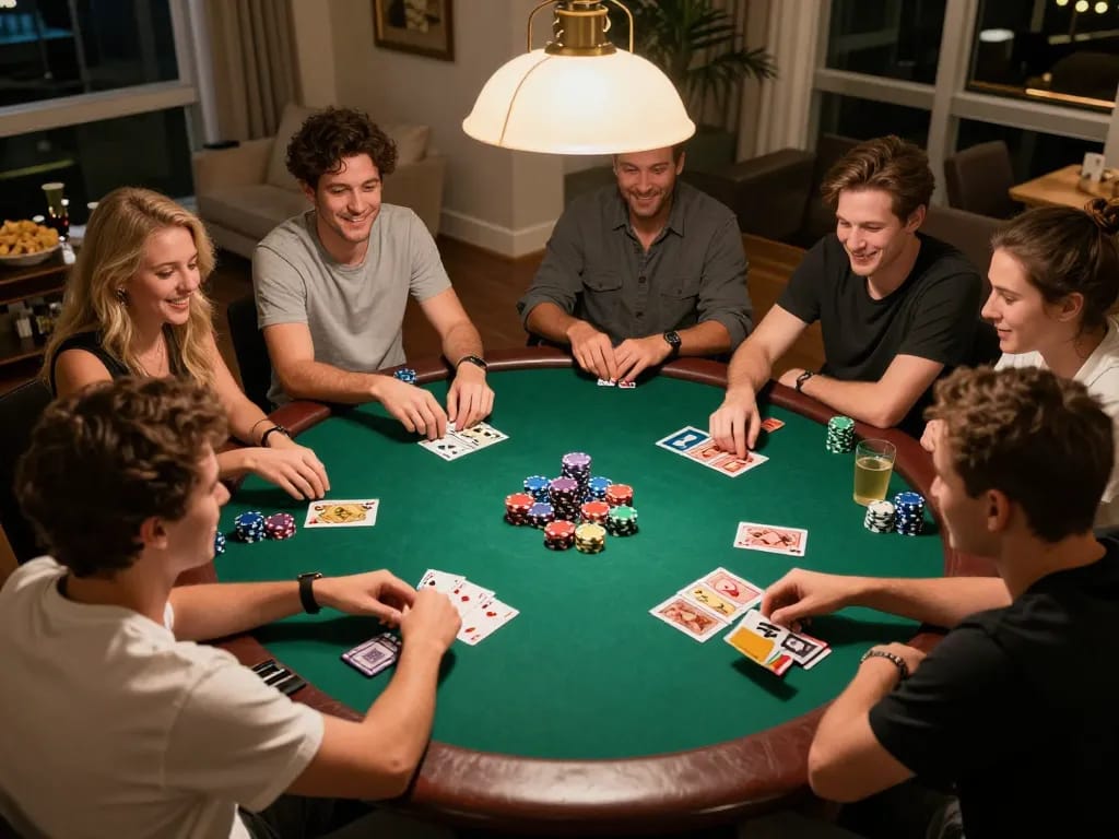 Players engaging in a friendly poker game at home, showcasing 789clubb gaming excitement.