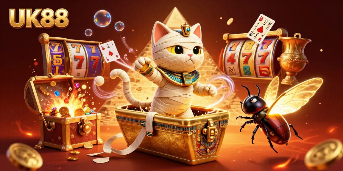 Experience the excitement of UK88 with a 3D illustration of a mummy cat bursting from a casino sarcophagus.
