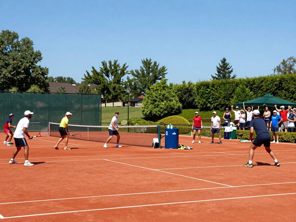 Players enjoying a match on HybridClay courts showcasing vibrant red surfaces, smooth playability, and lively atmosphere.
