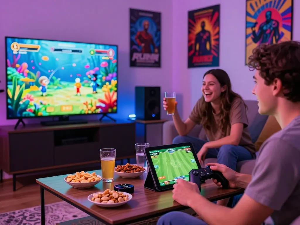 Friends enjoying a gaming night with CWIN on screen and vibrant atmosphere.