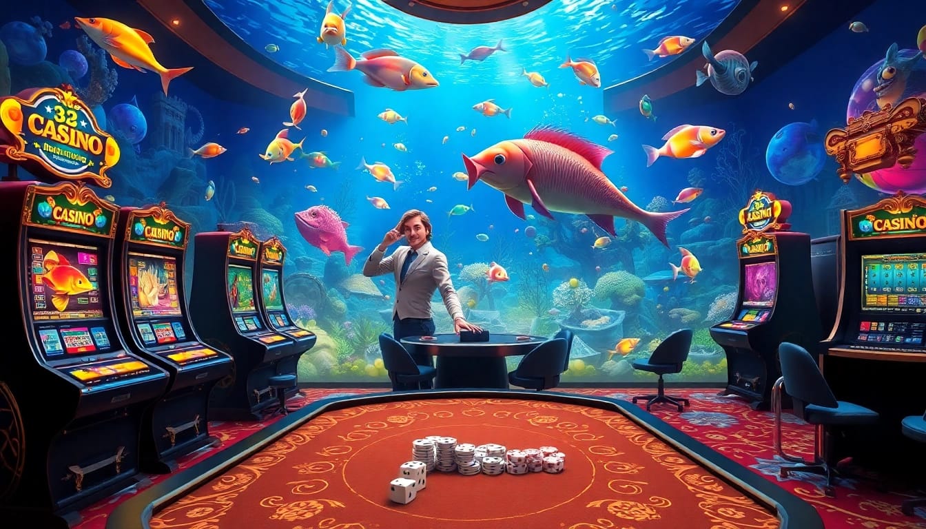 Engaging scene of bắn cá đổi thưởng in a vibrant online casino with 3D graphics and animated treasures.