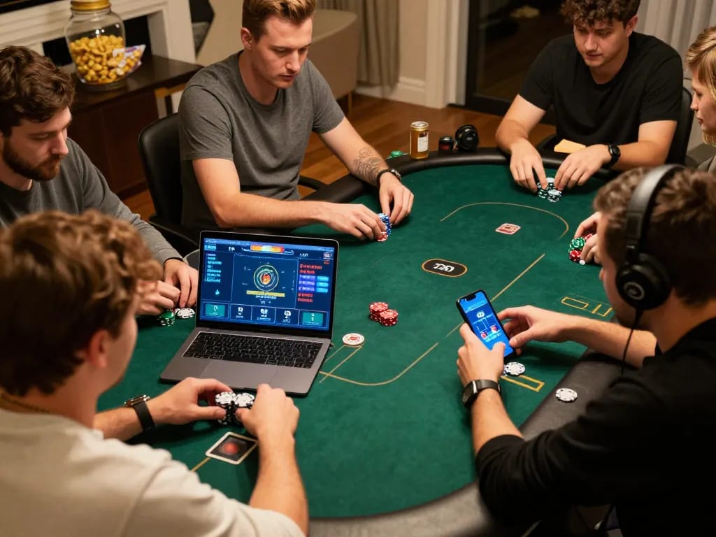 Engaging online poker game at home showcasing 789 CLUB strategies with players analyzing options.