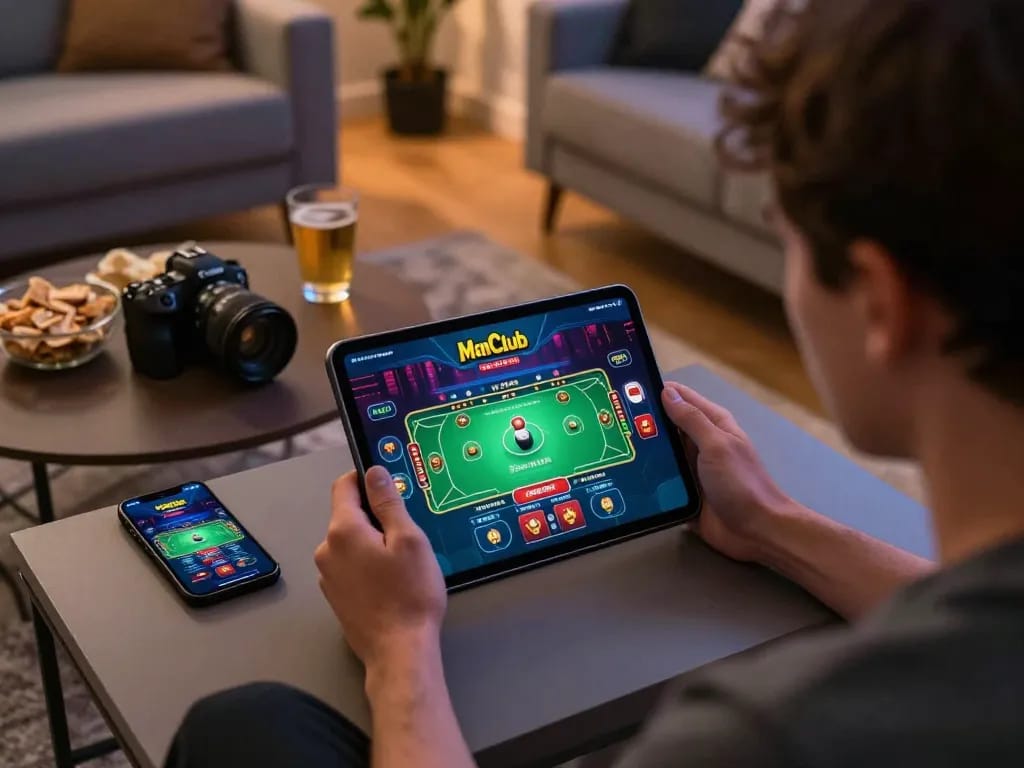 Player engaging with the ManClub app on a tablet in a cozy home setting, emphasizing online gambling excitement.