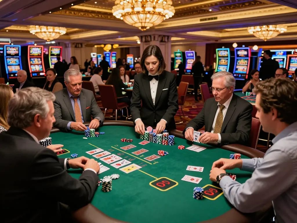 Play blackjack at red88 in a luxurious Las Vegas casino setting with focused players and vibrant atmosphere