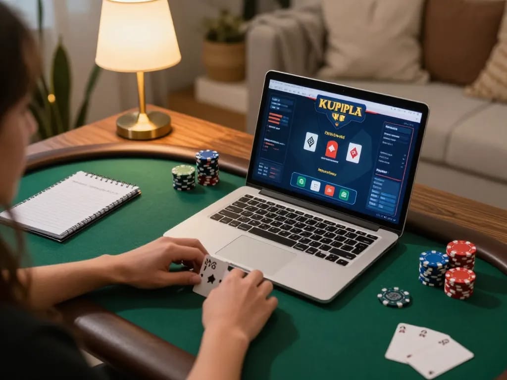 Engaging moment in online casino setup showcasing Link đăng ký lucky88 on laptop, warm home ambiance for responsible gaming